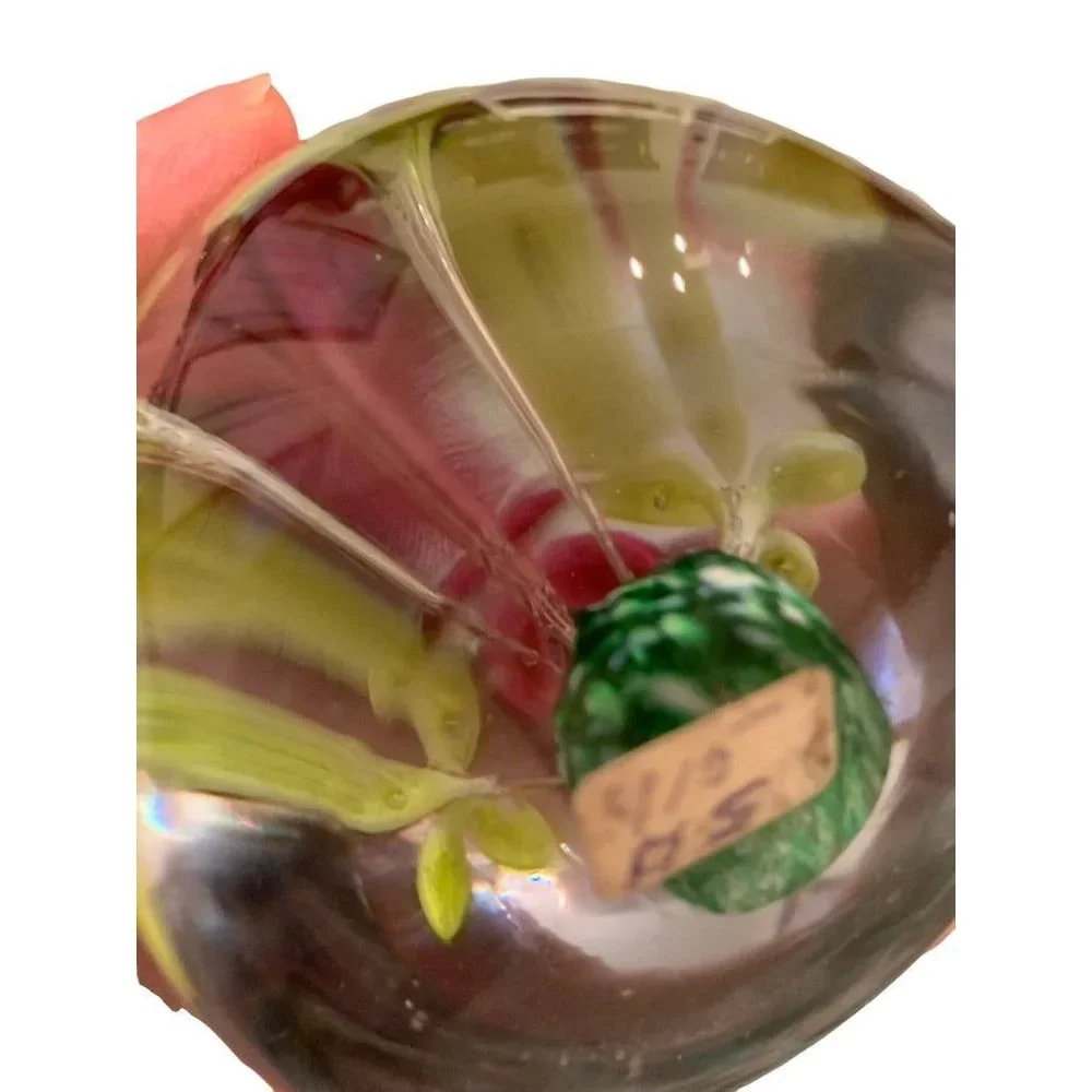 Egg Shaped Glass Paperweight Yellow Red Flowers in Grass 3.4